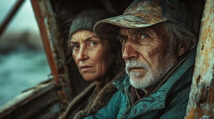 Obraz premium Weathered Fisherman and His Wife with Etched Faces in Rustic Setting