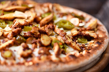 Gyros Pizza with jalapeno pepper and mozzarella cheese. Soft focus. Close up.