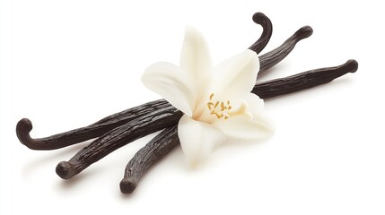 One vanilla flower and two vanilla beans on a white background. Vanilla flower with dried vanilla pods  
