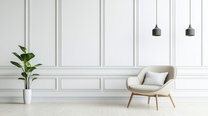 Fototapeta premium A modern armchair in a neutral tone placed in front of a clean white wall, styled with a decorative cushion.