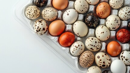 A vibrant array of quail eggs, nestled in a clear plastic tray, sits atop a pristine white backdrop, showcasing the natural bounty of an ecological farm. This overhead view offers ample copy space
