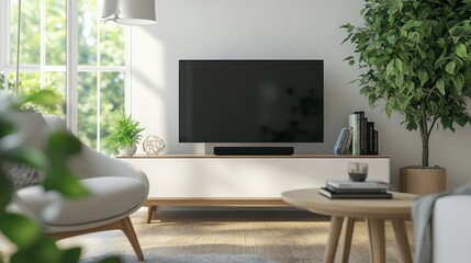 A modern Smart TV in an artistic white living room, blending tech and aesthetic design.