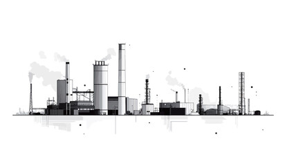 A grayscale illustration depicting a stylized industrial landscape. The image features multiple buildings of varying heights, smokestacks emitting smoke, and a simplified representation of