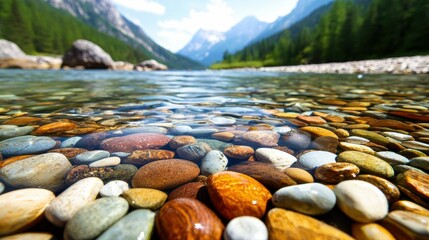Riverbed Stones Under Crystal Water with Mountain Vista Calm Stream Rocks Alpine Scenery Clear