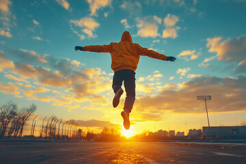 A man performs jumping exercises early in the morning at an outdoor stadium. Outdoor training concept. Generated by artificial intelligence