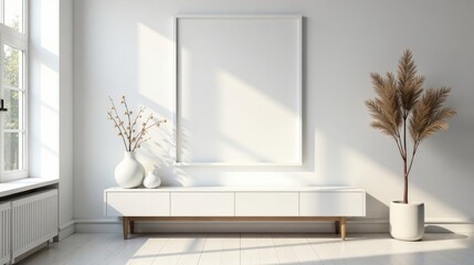 Minimalist Interior Design Sunlit Room with White Furniture, Blank Canvas, and Dried Floral Arrangements