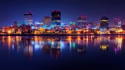 Fototapeta premium A panoramic view of a glowing city skyline at night, reflecting on a calm river.