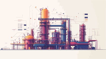 Obraz premium The image is a stylized illustration of an industrial complex, possibly a refinery or chemical plant. It depicts various interconnected towers, pipes, and structures rendered in shades of