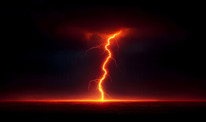 Striking Lightning Bolt Illuminating Dark Clouds Over Ocean Horizon
