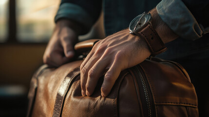 Obraz premium A close-up shot of a man's hand resting on a classic travel bag, the surface of the bag showing creases and wear, fingers slightly curled over the sturdy handle