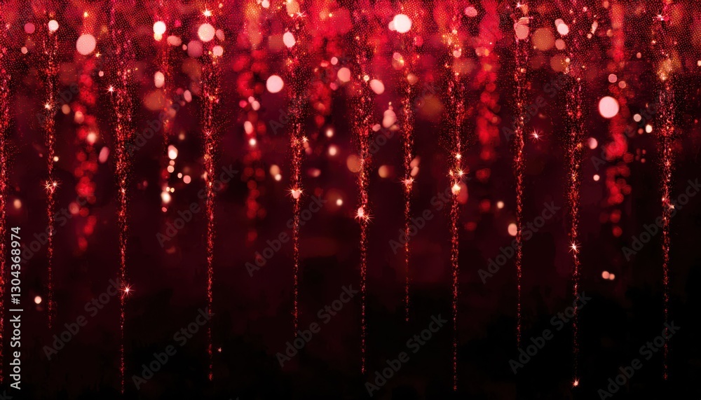 Aufkleber shimmering red glitter icicles with glowing bokeh lights on dark background, festive abstract backdr