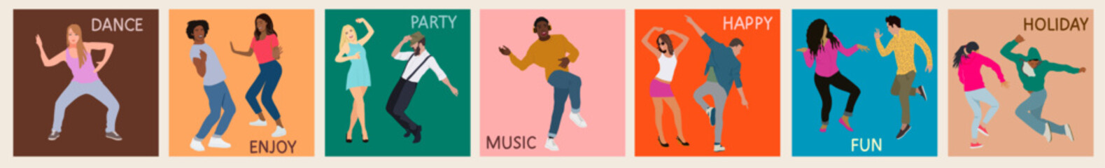 Set of Young happy dancing people. Different male and female dancers isolated on colorful backgrounds with hand writing text. Teenage men and women enjoying dance party. Colorful vector illustration.
