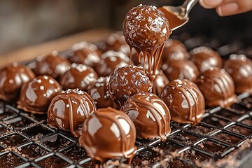 Drizzling chocolate truffles on cooling rack