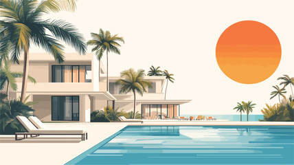 Fototapeta premium The image is a stylized illustration depicting a modern tropical villa situated near the ocean. The scene is rendered in a painterly style with soft, muted colors.&nbsp; The villa is a light