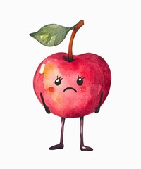 Watercolor cartoon illustration of a sad cherry isolated on white background.