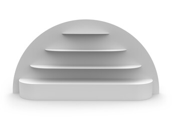 Modern Semi Circular Display Shelf with 4 Tiers Ideal for Exhibitions, Stores, Supermarket, PDQ Product Floor Stand Display. Unique Shelf Design To Enhances Product Visibility. 3D Render Illustration.