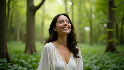 A smiling woman in a white dress looks up in a green forest. 