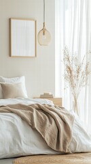 Serene Bedroom Interior: A tranquil bedroom scene bathed in natural light, featuring a cozy bed with a stylish throw, a framed artwork, and delicate decorative elements.