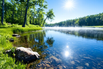 Fototapeta premium Serene sunrise over misty riverbank in forest