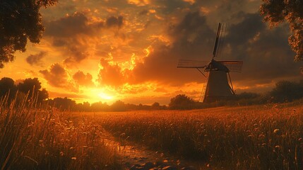 Golden sunset over windmill in a field