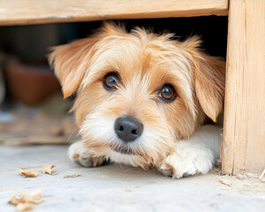 Shy puppy hides under outdoor wooden step