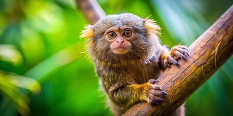 Fototapeta premium Adorable Pygmy Marmoset Climbing Tree Branch Close-up Stock Photo