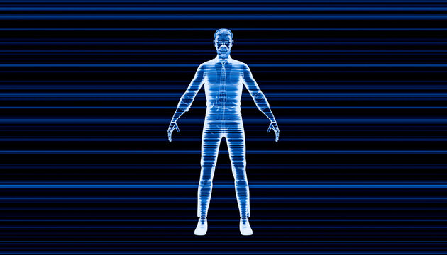 3D render of a blue hologram human figure with digital lines