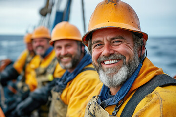 Joyful fisherman bonding with crew on open sea adventure