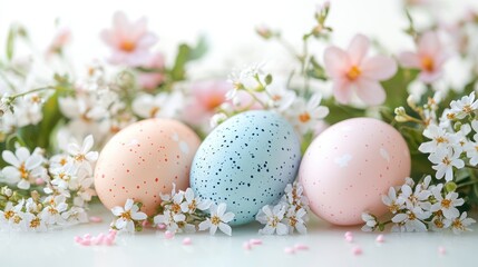 A vibrant Easter tableau, where pastel-hued eggs nestled amongst a cascade of spring blooms on a pristine white backdrop, evokes the joy and celebration of the holiday. A blank space beckons for your