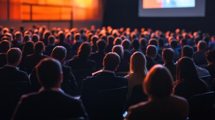 A large audience attentively listens to a presentation at a conference or event, captivated by the speaker's words.
