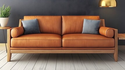 Modern Brown Sofa with Geometric Pillows in a Stylish Living Room Setting