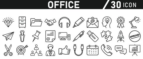 Office Icons set. Editable icon in liner style. For Mobile and Web. It contains an office desk, office, chair, coffee, document, computer mouse, and clipboard. vector illustration