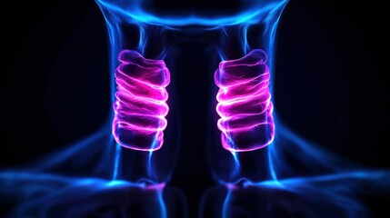 Vivid Depiction of Human Thyroid Gland Anatomy Rendered in a Digital Art Style on Dark Backdrop