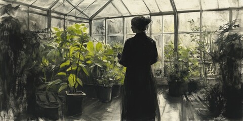 Gardener admires plants in sunlit greenhouse during afternoon