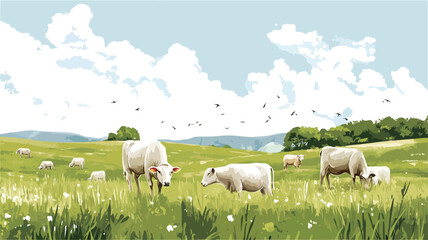 Obraz premium The image depicts a digitally painted or illustrated scene of several white cows grazing in a lush green pasture. The pasture is filled with tall grass and wildflowers. In the background,