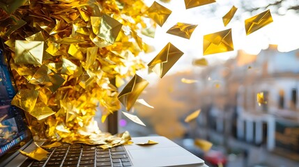 Golden Envelopes Falling from Laptop with Warm Sunset Light in a City Workspace