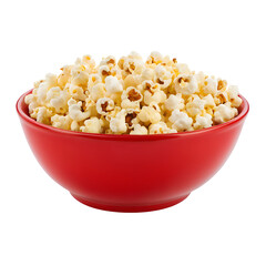 A red bowl overflowing with fluffy popcorn. Ideal for snack, movie night, or entertainment themes.