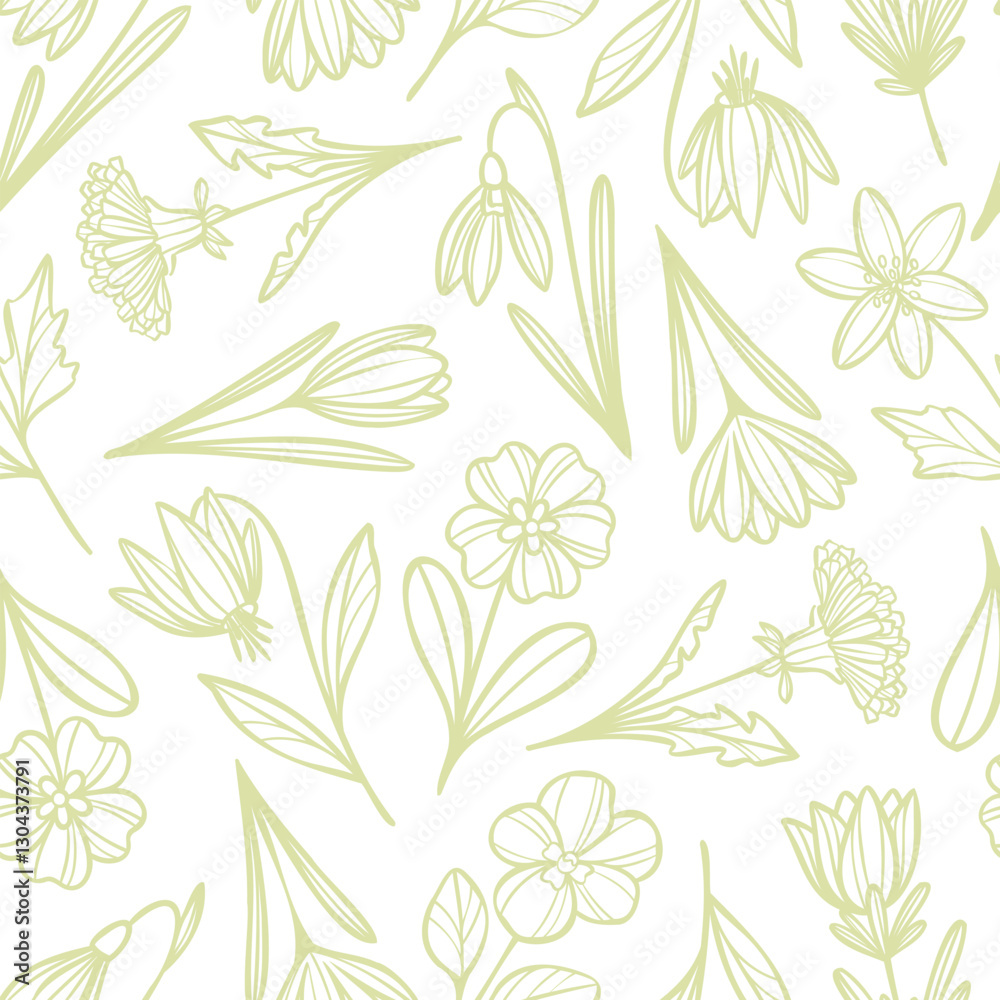Aufkleber fresh spring flowers simple and elegant bright line art seamless repeating pattern with white backgr