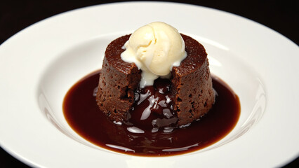 Chocolate Lava Cake with Vanilla Ice Cream and Rich Chocolate Sauce on Elegant Plate