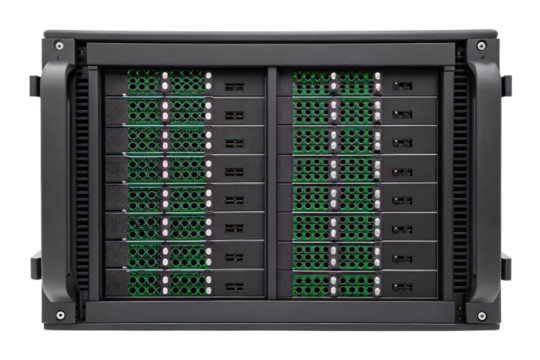 Server rack with many green connectors isolated with transparent background