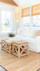 Sunlit living room, cozy couch, jute rug