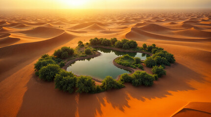 A small pond in the middle of a desert