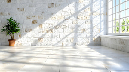Sunlit room, stone wall, tiled floor, plant