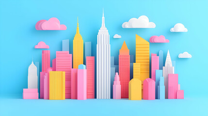 Colorful Paper City Skyline with Clouds against a Blue Background