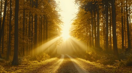 Obraz premium Sunlight Filtering Through Trees on a Tranquil Forest Path in Early Autumn Morning