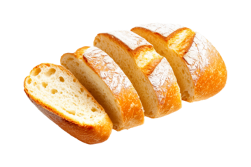 Sliced loaf of English Muffin bread with a soft texture, dusted with flour, isolated on white transparent background, showcasing a concept of freshness