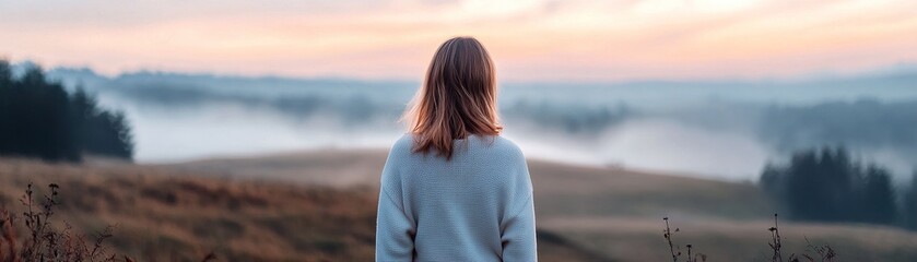 A woman gazes into the distance at a blurred misty horizon, as the landscape ahead transitions into clarity under the soft golden light of sunrise, inviting a sense of peace and reflection