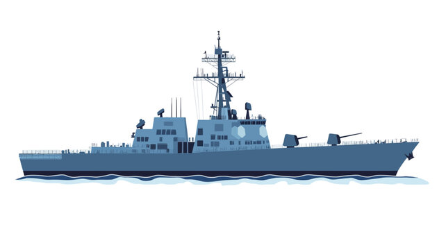 A digital illustration of a grey naval destroyer ship depicted from a side profile view against a white background. The ship is shown afloat on subtly rendered water.  The image is a clean,