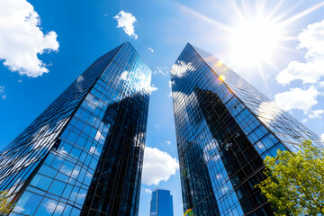 Fototapeta premium Twin skyscrapers, sunny day, city, clouds