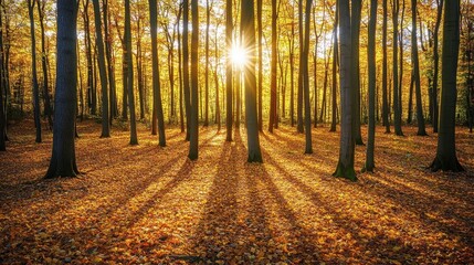 Obraz premium A scenic autumn forest with a carpet of fallen leaves and golden sunlight filtering through the trees.